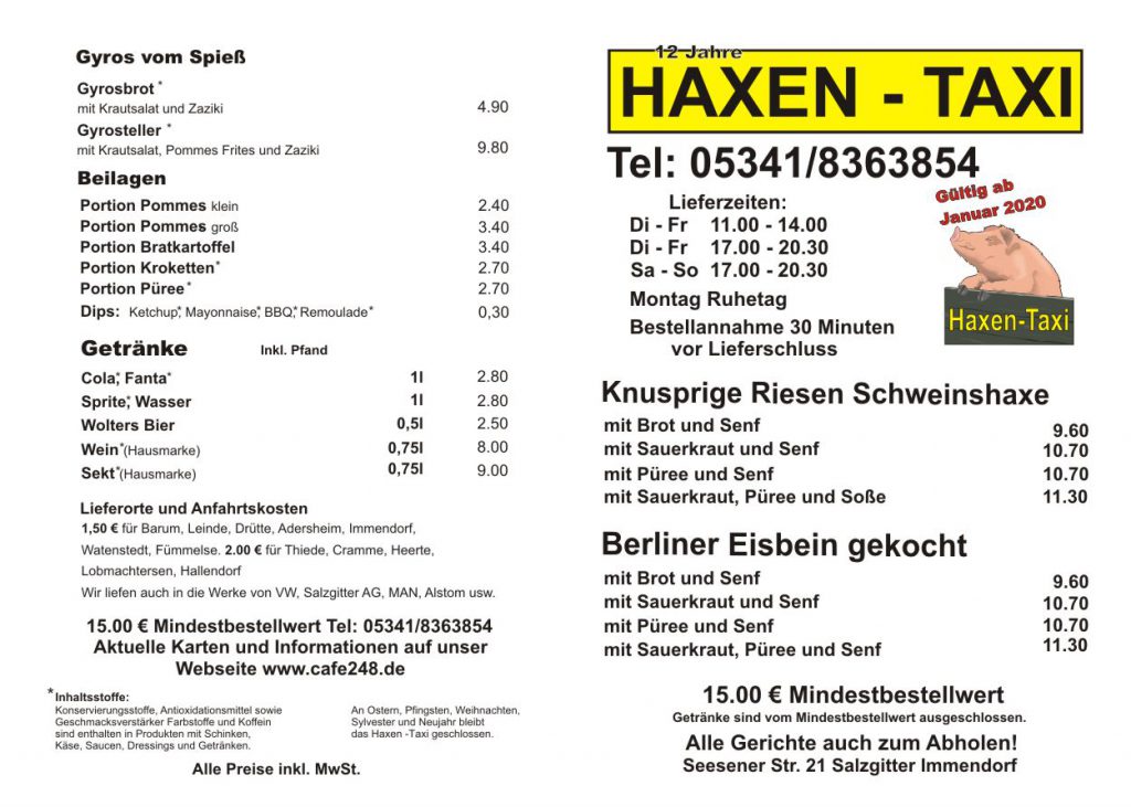 Speisekarte Haxen Taxi Cafe 248